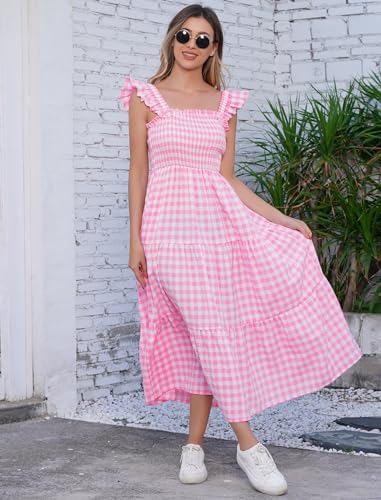 AWIBMK Mommy and Me Matching Dresses Plaid Midi Dress Summer Square Neck Ruffle Flowy Beach Mom Daughter Outfits2