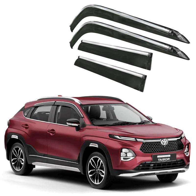 Image of CAR SAAZ Side Door Visors for Urban Cruiser Taisor (2024-present)(Set of 4Pcs)|Chrome Lined Rain Guards, Polycarbonate, Smoke Finish