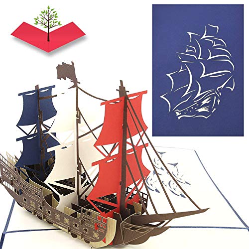 PopLife Man O' War Ship Pop Up Card for All Occasions - Happy Birthday, Graduation, Congratulations, Retirement, Anniversary Gift, Fathers Day - Boaters, Pirates, Ocean Lovers - Folds Flat for Mailing