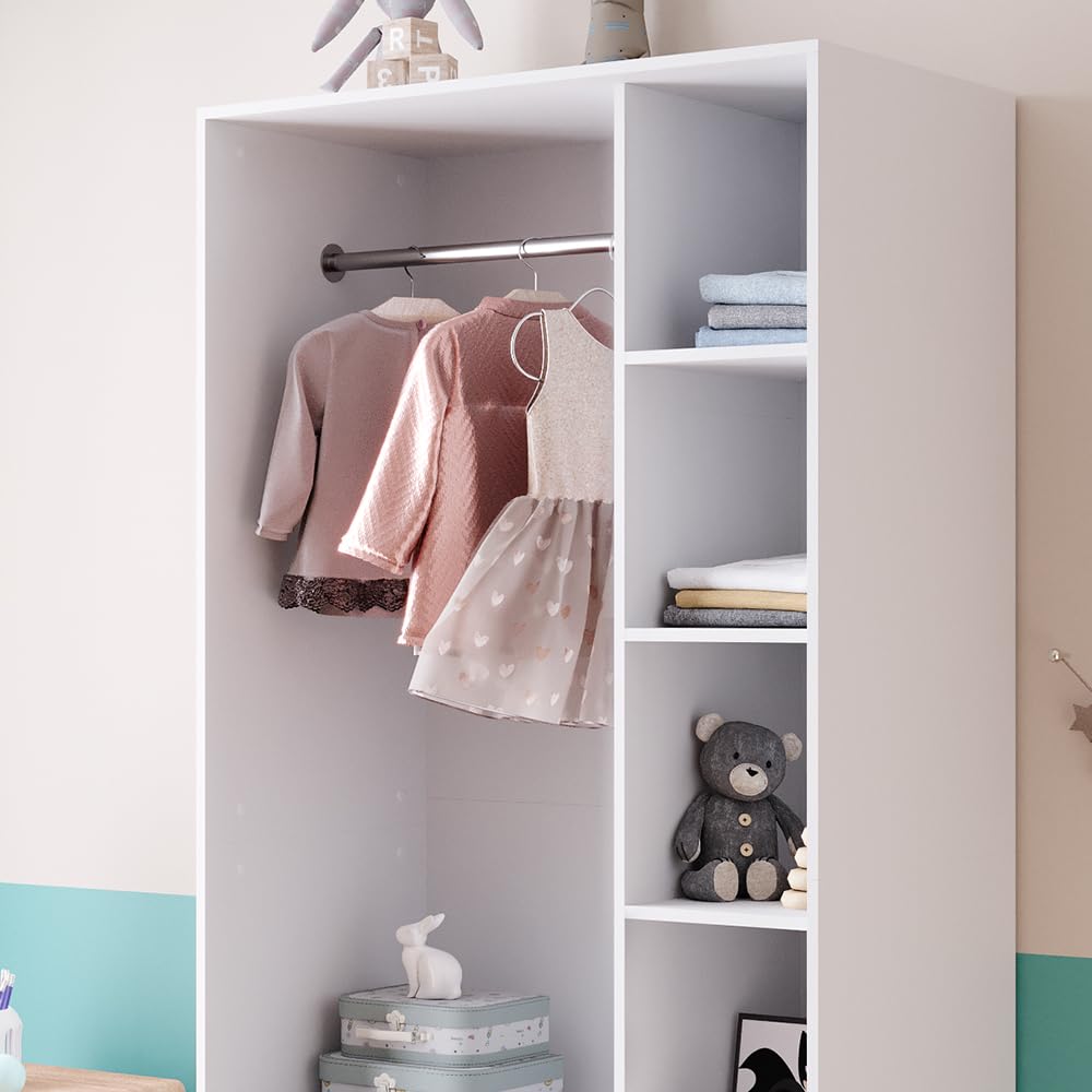 Vicco Armario de Ropa para niños Elmo, Blanco, 100 x 200 cm con 2 cajones, Apto para el Almacenamiento ordenado de Ropa Infantil