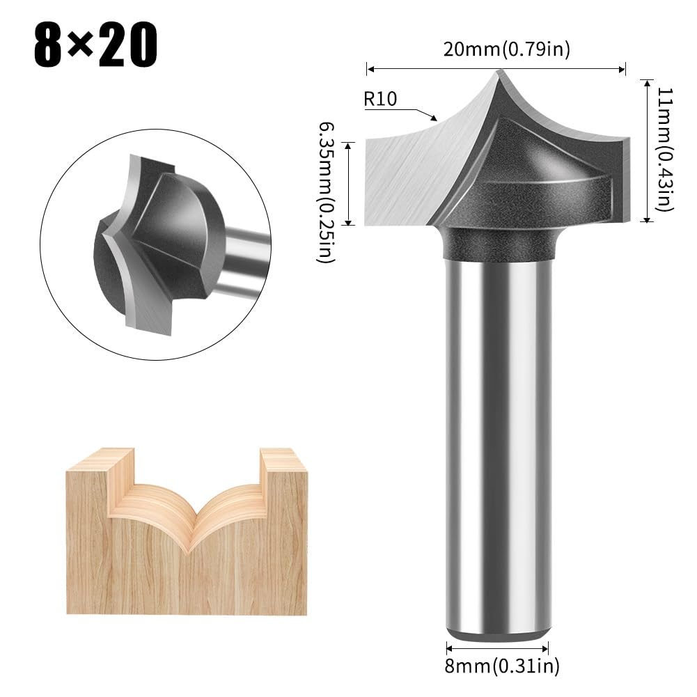 Set di 4 Punte per Fresa, Diametro Gambo 8 mm, Arrotondata e Rotonda, per Legno, Utensili per la Lavorazione del Legno