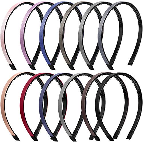 12 Pieces Leather Covered Headband Skinny Leather Headband Hair Comb Bands Hair Bows Hair Loop Clasp Hair Accessories for Women and Girls, 12 Colors