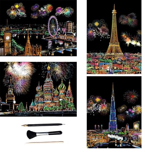 ShipeeKin 4X Kratzbilder, 290x210 MM Sehenswürdigkeiten Wandbild, Beschichtete Bunte Kratzpapier mit Werkzeug Set (Fireworks City)