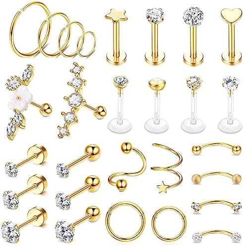 YADOCA 28PCS 16G Tragus Helix Piercings - Surgical Steel Cartilage Earrings for Women - Hoop, Helix, Septum, Couch, Daith, CZ Barbell Lip Piercing Jewellery - Silver/Gold