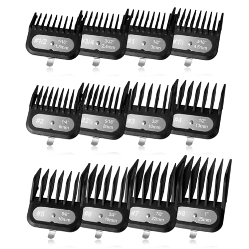 Clipper Guards Set Compatible with Most Wahl Clippers -1/16 to 1 12 Piece Set Black Color New Version