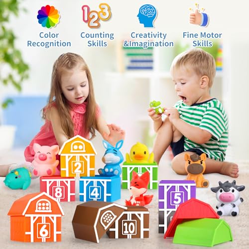 Image of Oriate Farm Animal Learning Toys for Toddlers 1,2,3 Year Old, 20Pcs Farm Animals Montessori Toy for Counting Sorting Color Recognition & Matching, Finger Puppets & Stacking Toys 12M+