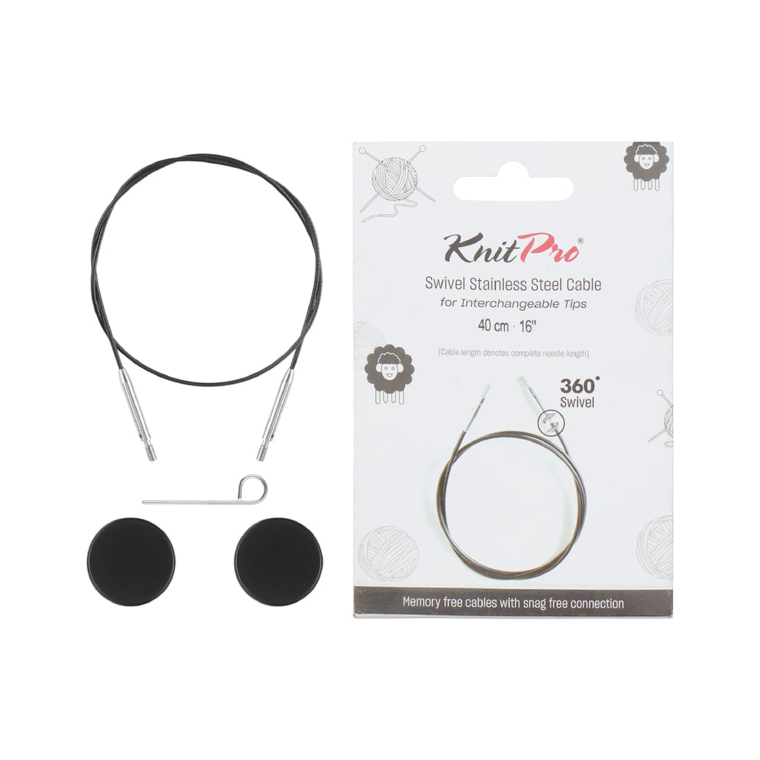 KnitPro - KnitPro The Mindful Collection Stainless Steel Black/Silver Swivel 360° Interchangeable Cable for 40cm Needle - 1 Piece