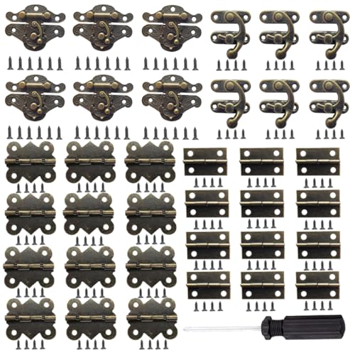 EAEDMY 36 Sets Retro Jewelry Box Hinges and Latches Hardware, Small Bronze Brass Latch Hinges for Wooden Jewelry Box and Decorative Cabinet, with Matching Screws Kit(Catch*12 + Hinges*24) (36)