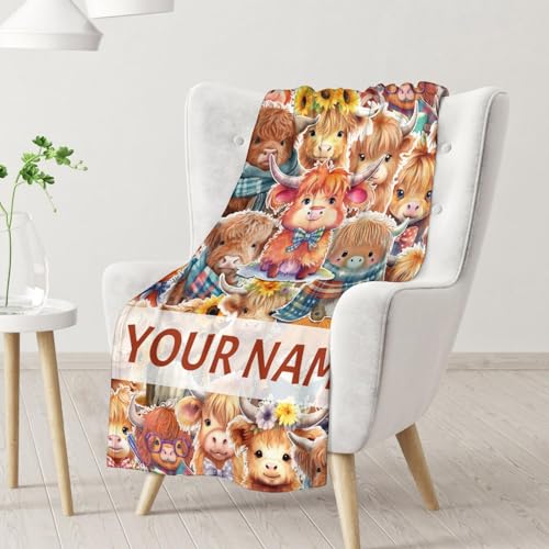 Personalized Highland Cow Blanket Gifts with Name - 30x40 Inches Cute Throw Blanket for Girls & Boys - Brown Soft Fuzzy Blankets for Couch & Office
