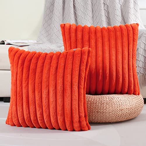 FUTEI Burnt Orange Striped Decorative Throw Pillow Covers 22x22 Inch Set of 2,Square Winter Decorations Couch Pillow Case,Soft Cozy Faux Rabbit Fur & Velvet Back,Modern Home Decor for Bed