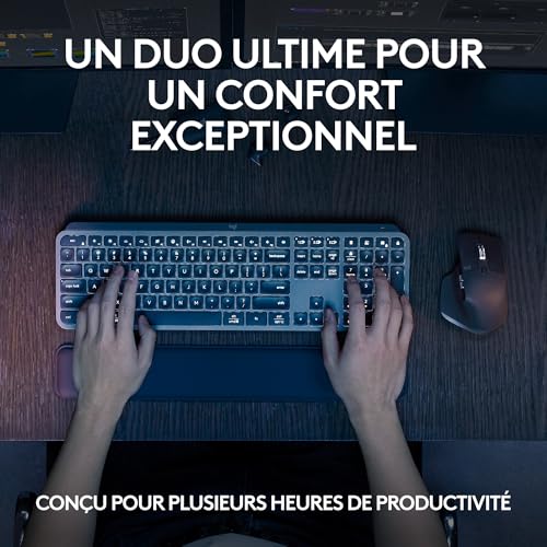 Logitech MX Keys S Combo:Clavier et Souris sans Fil Performants avec Repose Poignet,Éclairage Personnalisable, Défilement Rapide,Bluetooth,Windows/Linux/Chrome/Mac, Clavier Français AZERTY-Gris