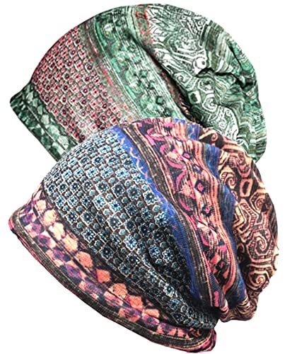 XYIYI Womens Chemo Headwear Hats Cotton Slouchy Beanie Cap Scarf (2pcs Ethnic Green Blue-V)