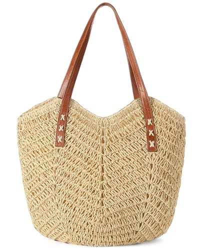 Image of Beach Bags for Women - Straw Bag with Zipper, Soft Woven beach bag, Casual Straw Shoulder Bag for Daily Use