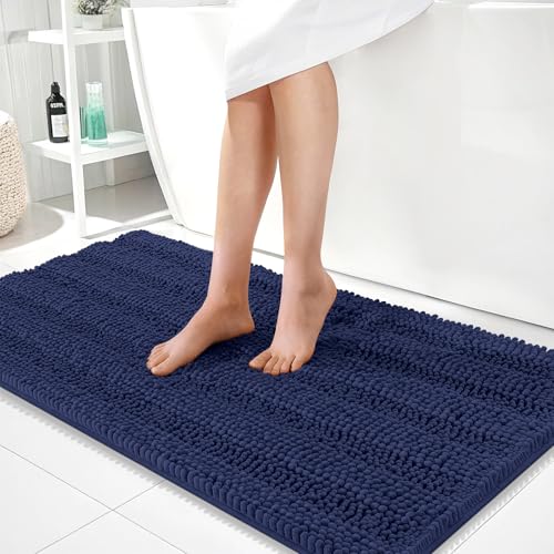 Image of OLANLY Thick Bathroom Runner Rugs 44x24, Absorbent Chenille Striped Bath Rugs, Rubber Backing, Machine Wash, Long Bath Mats for Bathroom, Tub and Shower, Home Decor Accessories, Twilight Sapphire