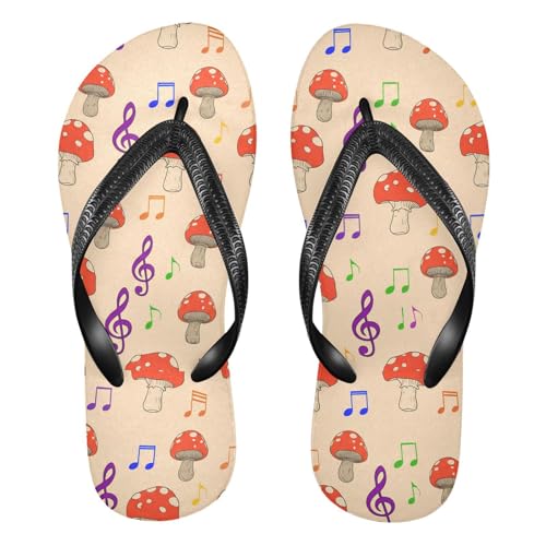 Mushroom Music Note Beige Flip Flops for Beach Thong Sandals Anti-slip Lightweight Beach Shoes for Summer Swim Travel