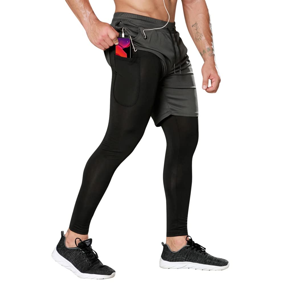Hotfiary Men's Running Pants with Pockets, 2 in 1 Compression Pants Trousers with Shorts, Quick Dry Athletic Tights for Gym Workout, Mens Lightweigt Joggers Sweatpants Tracksuit Bottoms for Basketball