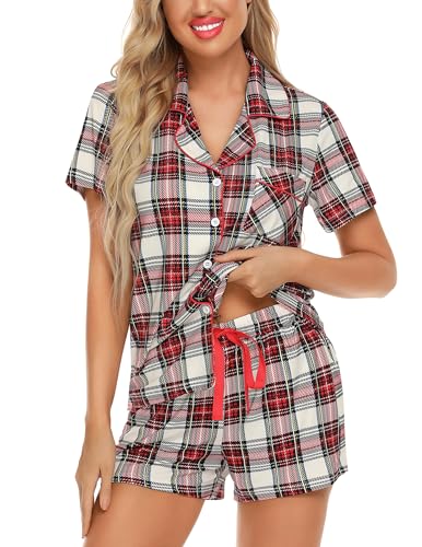 Image of Pjmlifecoco Women's Modal Pajama Set Short Sleeve Button Down Two Piece Soft Sleepwear with Shorts Loungewear S-XXL