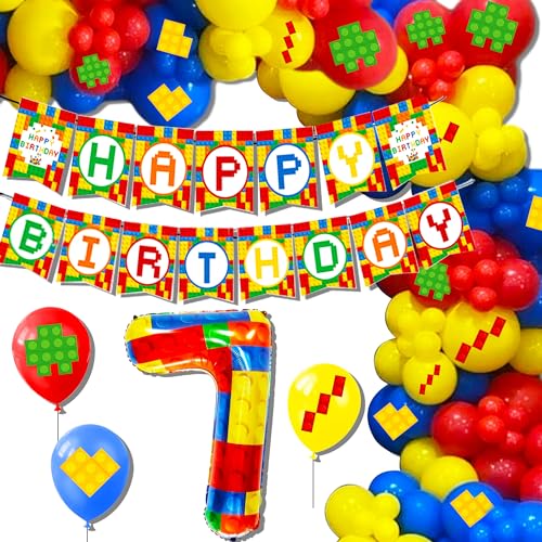 Roaring Good Time Decoração 7 aniversário blocos de construção temáticas decorações de festa de aniversário blocos de construção balões bandeira colorida tema da festa
