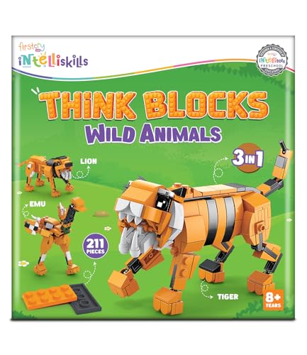 Image of Intelliskills Think Blocks: 3-in-1 Aquatic Animals 118 Piece Set,Shark, Squid&Seahorse, Model Building Kit for Kids,STEM Construction Set for Toddlers,Assemble&Play Game,Activity&Gifting Toy (Orange)