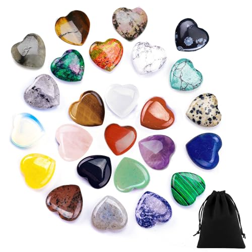 25 piedras de corazón de cristal con 1 bolsa de almacenamiento de franela, cristales de energía natural, cristales de chakra, piedras de corazón, piedras de bolsillo