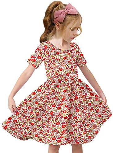 Virmoku Girls Dresses 3-10 Years Kids Floral Dress Short Sleeve Swing Fashion Casual Dresses Summer Outfits