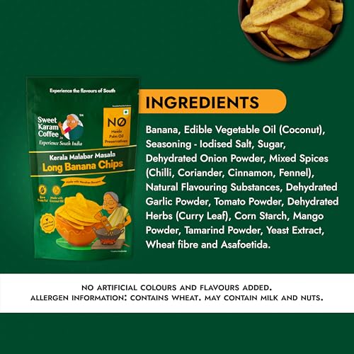 Image of Sweet Karam Coffee Kerala Malabar Masala Long Banana Chips - 95g | No Palm Oil or Preservatives | Made with 100% Coconut Oil | Zero Trans Fat | Thin, Crunchy & Spicy Tea-Time Namkeen