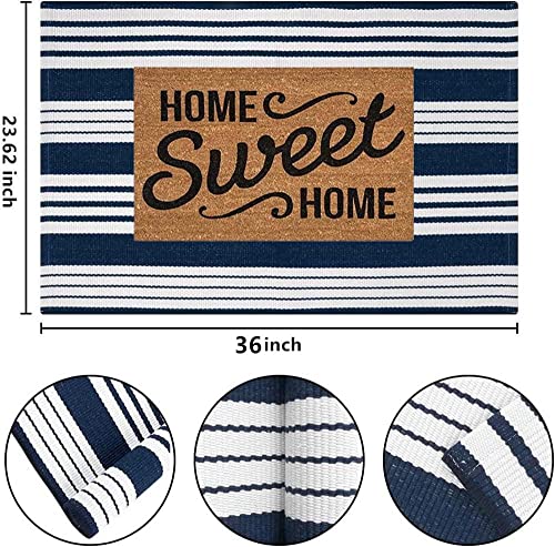 Front Door Mat Outdoor Rug24'' X 35''Striped Layered Door Mat Blue And White Front Door Rug Machine Washable Indoor Outdoor Doormat For Front Porch Hand-Woven Entryway Rug For Laundry/Bathroom/Bedroom #TOP1