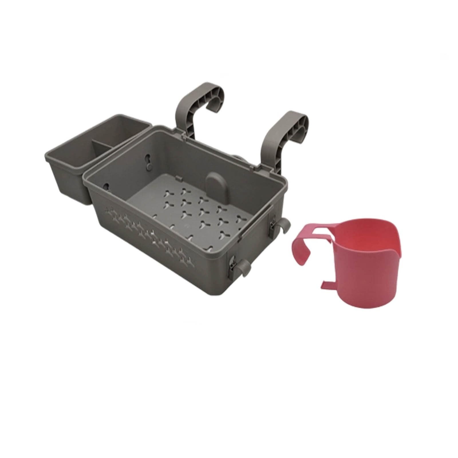 Poolside Storage Basket with Cup Holders & Hanging Hook Large Capacity Swimming Pool Accessories Organiser Hangable Basket Ideal for Deck Storage and Beverage Management (Grey+Red)