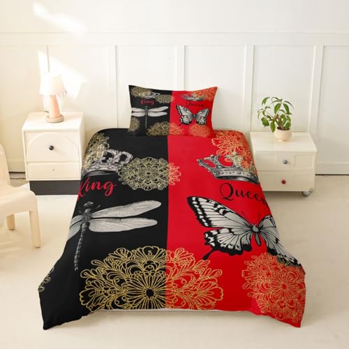 Erosebridal Dragonfly Duvet Cover Sets Golden Bohemian Floral Bedding Set Retro Crown Comforter Cover Black Red Wedding Anniversary I Love You Gift for Her Romantic Valentine's Day Twin Size