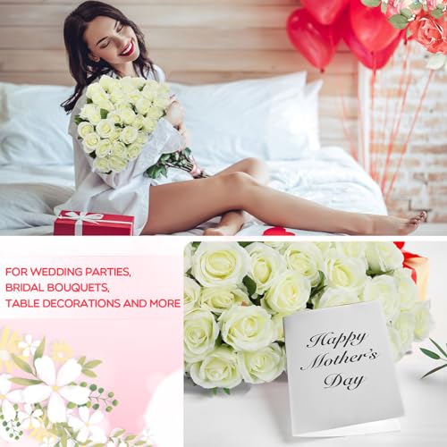 Riceshoot 500 Pcs Artificial Silk Roses Flowers with Long Stem Bridal Wedding Bouquet Realistic Floral Bulks for Garden Home Party Gifts Favor Decoration(White) - Thumbnail 5