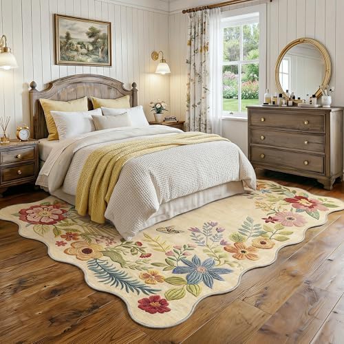 FMFUNCTEX 5x8 Washable Beige Floral Boho Scalloped Area Rug for Living Room — view 2