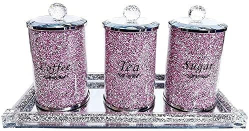ProTech Crystal Diamante Tea, Coffee and Sugar Jar, Storage Canisters, Trimmings Crystal Filled Jars, Unique Collection, Crushed Diamond Kitchen Accessories, Sparkle Ornaments, Glass Container Pink