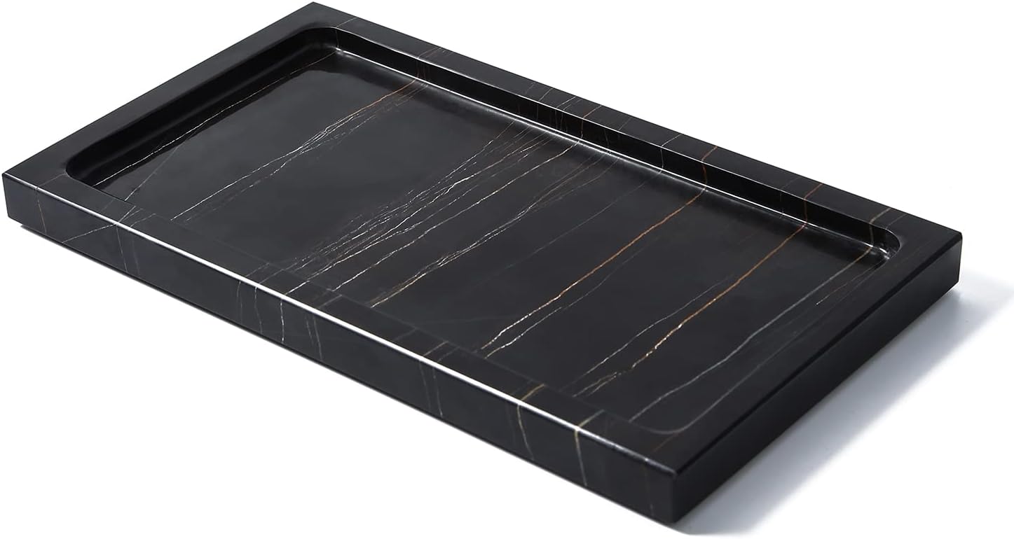 Natural Real Marble Bathroom Vanity Tray Countertop 9'' Makeup Organizer for Dresser, Guest Towel Holder Tray Napkin Holder for Bathroom (Black)