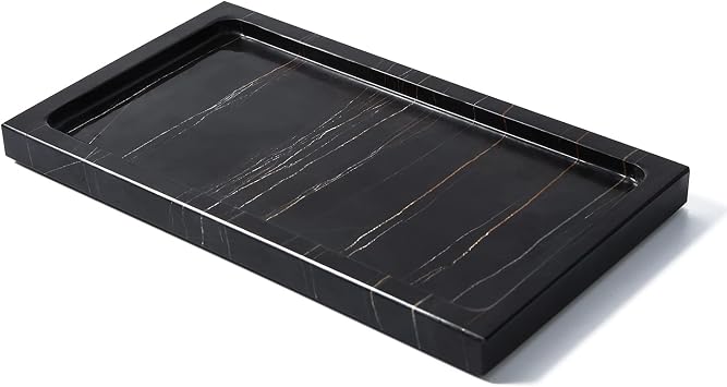 JIMEI Natural Real Marble Bathroom Vanity Tray Countertop 9 Makeup Organizer for Dresser, Guest Towel Holder Tray Napkin Holder for Bathroom Black