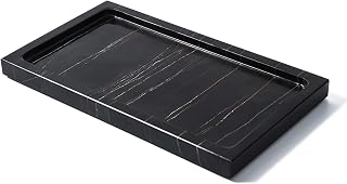 Natural Real Marble Bathroom Tray Countertop Vanity Tray Makeup Storage Holder Cosmetic Organizer for Dresser, Serving Tray for Kitchen Bathroom, Office Decoration，Medium Size, Black