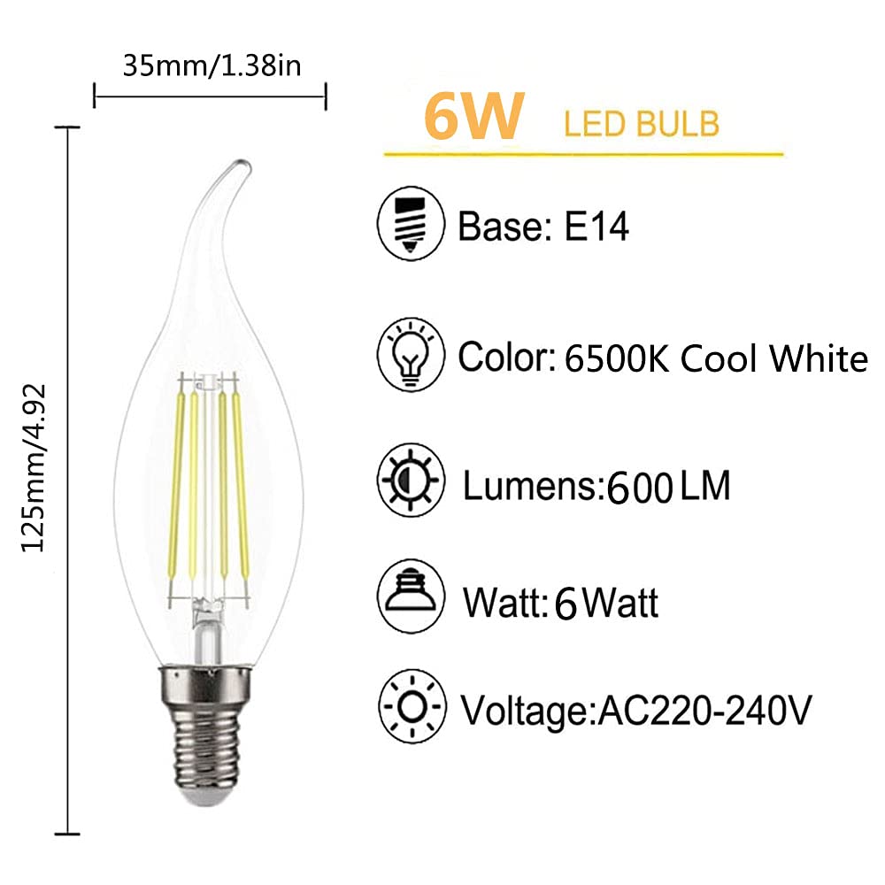 Ruihua E14 6W LED Filament Glühbirne Kaltweiß 6500K (Entspricht 60W Halogenbirne) Nicht Dimmbar Kleine Vintage Energiesparlampe 600LM Edison Schraube C35 Kerzenbirnen,Packung mit 20