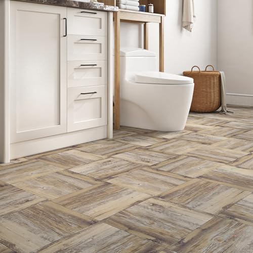 Livelynine Peel and Stick Floor Tile Reclaimed Wood Waterproof Flooring Vinyl Floor Tiles Taupe Tan Vinyl Flooring Brown Beige Barn Wood Laminate 12x12 4-Sheets Rustic Renter Friendly Floor Stickers