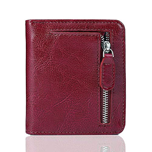 Funtor Carteiras femininas pequenas, compactas, com duas dobras, com bloqueio de RFID, carteira de couro legítimo para mulheres, B: couro encerado - vermelho, universal, Carteira RFID