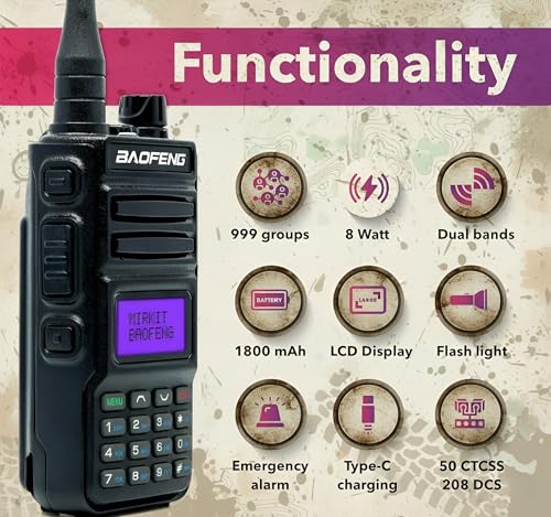 Mirkit TP8Pro Baofeng Two Way Radio Long Range Max Power 8W - Walkie Talkie with USB Type-C Charging Kit: 2 Way Radio with Baofeng Battery 1800mAh VHF 144-148/UHF 420-450 Ham Radio - Thumbnail 2