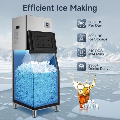 Image of Commercial Ice Maker,Ice Machine 500LBS /24H with 300LBS Storage Bin,Ice Ready in 5-14 min,Self-Cleaning,Stainless Steel Industrial Ice Maker for Restaurant Business Bar,Thicknesses Adjustable