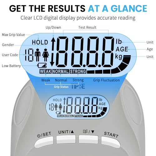 TIPRE 396lbs/180kg Grip Strength Tester, Digital Dynamometer With LCD Display, Adjustable Hand Grip Training Gauge, Exercisers for Sports Home School Use - Gray
