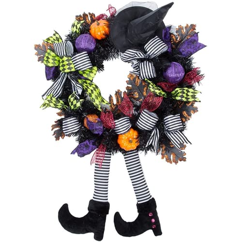 FGHB Coroas de Halloween para porta da frente, coroa de bruxas de 24 polegadas com chapéu bruxas pernas abóbora, para porta, alpendre, janela, decoração de Halloween interior e exterior