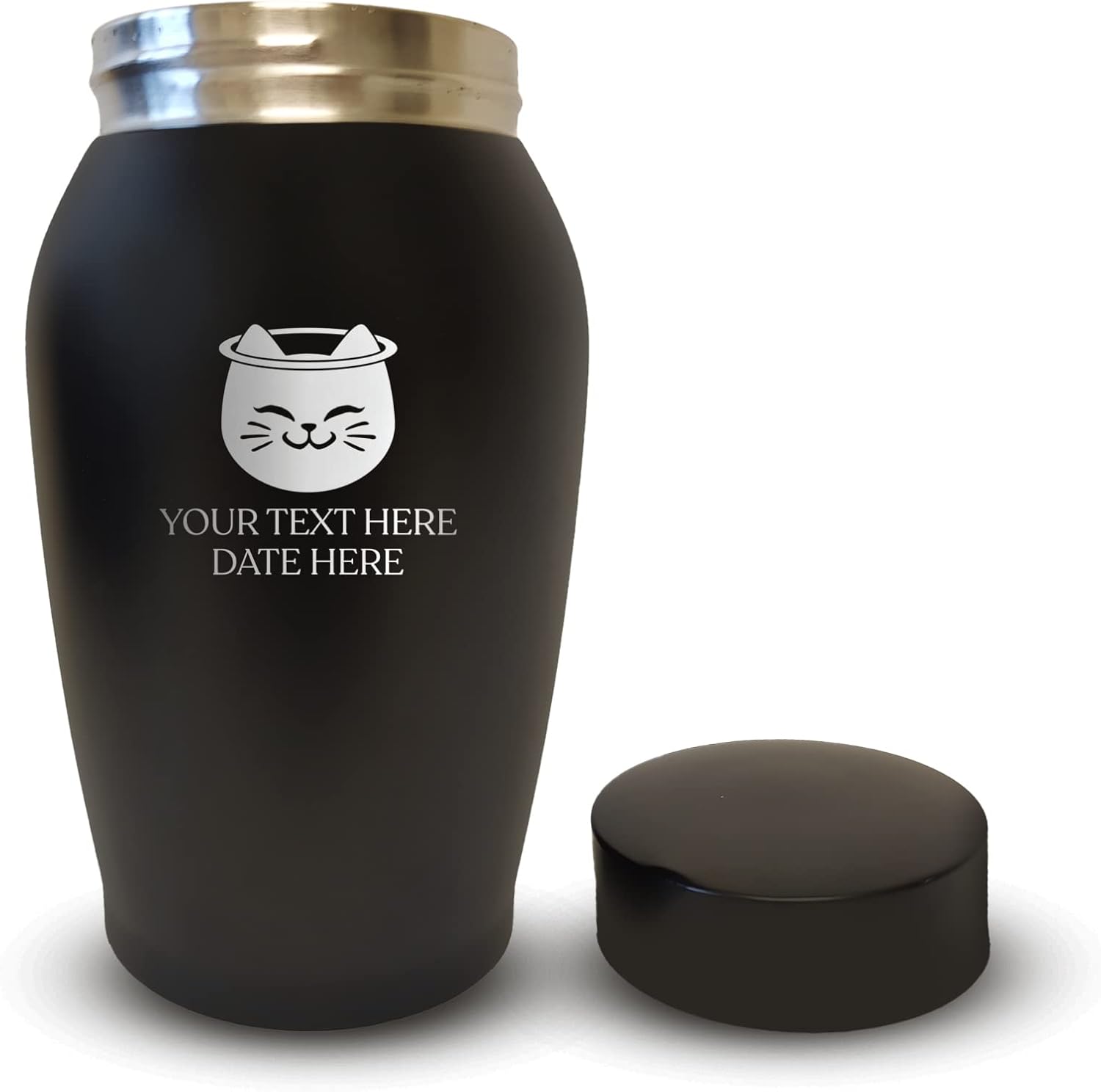 Personalized Custom Stainless Steel Pet Urn with Airtight Closure Cap for Cats | Engraved Cat Design, Name and Date - Cremation Cat Urn for Ashes | 7" x 5", Cat with Halo (Black)