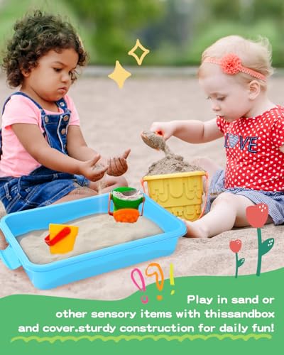 Image of Sensory Bin Sand Tray with Lid for Toddlers 2 Pcs 15in Portable Sandbox Toy Large Plastic Tray for Kids 3 4 5 6 Fill with Sand, Water, Beads, and More (2 Blue)
