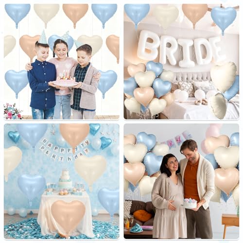 Image of Baby Blue Heart Balloons, 10 Pcs Light Blue White Heart Shaped Balloon, 18 Inch Apricot Cream Sand White Nude Foil Balloons for Engagement Brithday Baby Shower Wedding Valentines Party Decoration