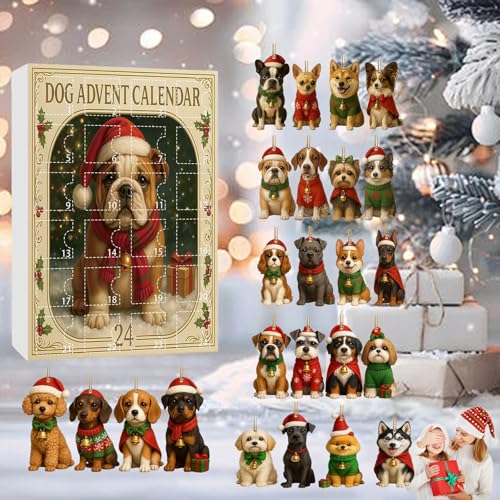 Adventskalender 2025 mit 24 Hunde-Figuren - Weihnachtskalender mit Hundestatuen in Festlicher Kleidung, Tägliche Überraschung vom 1. bis 24. Dezember für Familien (24-tlg Set)