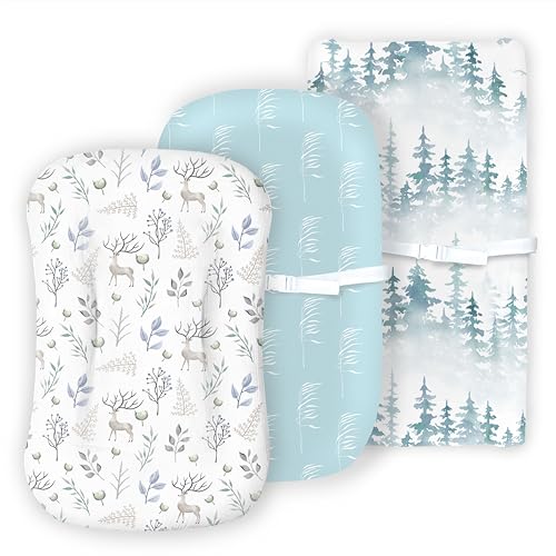 Image of 100% Organic Cotton Baby Lounger or Changing Pad Covers with Reenforced Safety Strap Holes. Fits Evolur, Munchkin, Delta, Snuggle Me and More. Multi-Use for Boys and Girls. 3 Pk of Covers Only.