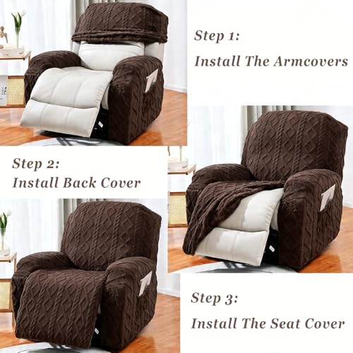Image of JOKIVTOU Recliner Chair Covers 4-Pieces Stay in Place Non-Slip Recliner Cover Stretch Furniture Protector Washable Slipcover for Lazy Boy Recliner Soft Feel Fitted Reclining Cover with Pocket