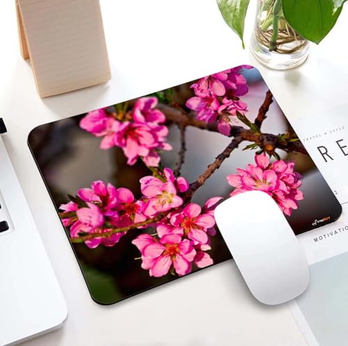 Image of Mouse Pad Pink Blossoms, Premium-Textured Custom Mouse Mat Design, Washable Mousepad Lycra Cloth, Non-Slip Rubber Base Computer Mouse Pads for Wireless Mouse