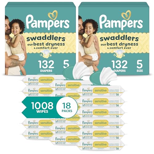 Image of Pampers Swaddlers Disposable Baby Diapers Size 5, 2 Month Supply (2 x 132 Count) with Sensitive Water Based Baby Wipes 12X Multi Pack Pop-Top and Refill (1008 Count) [Packaging May Vary]